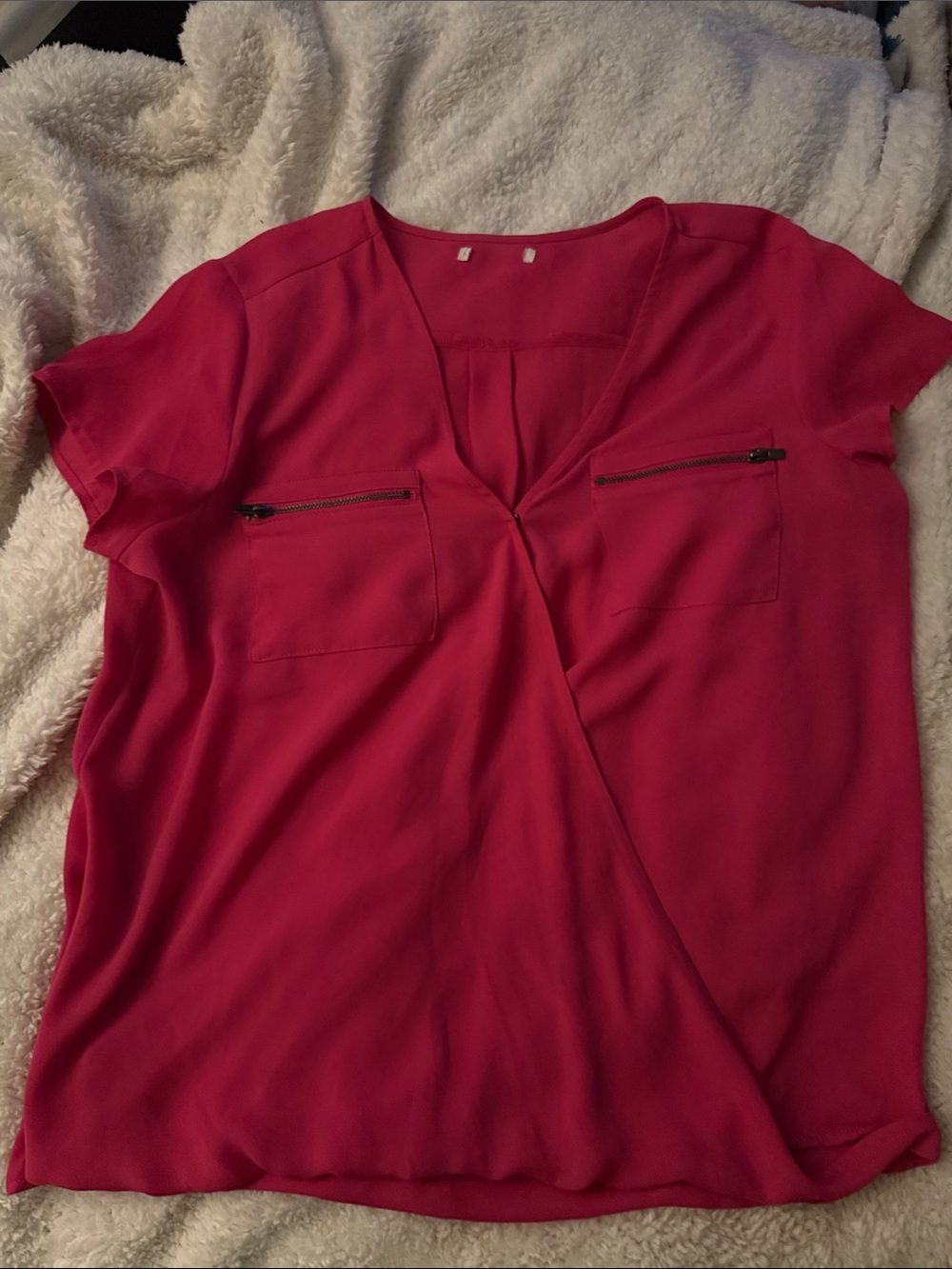 Source Unknown Hot Pink V-Neck Zip-Pocket Blouse